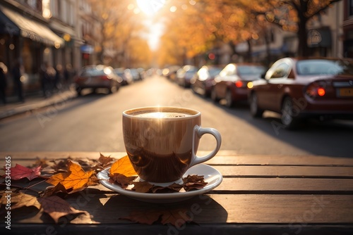 cup of hot coffee on cafe table street view with cars and fall autumn leaves in late autumn sunset with sunflares in the background. Generative Ai.