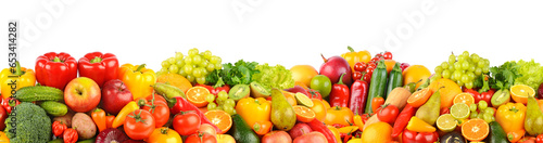 Multicolored bright fruits and vegetables isolated on white