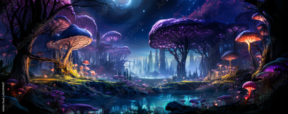 Obraz premium Holiday Magic: Forest Scene with Christmas Trees and Luminous Lights