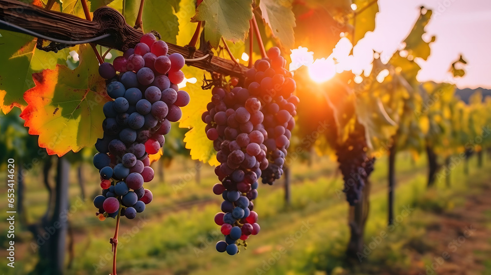 Ripe grapes in vineyard at sunset, Tuscany, Italy. Ripe red grapes on vineyards in autumn harvest at sunset.  - obrazy, fototapety, plakaty 