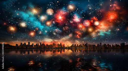 Colorful fireworks and beautiful night view of the city with reflection on water. Christmas and New Year background with sparklers and bokeh lights. Holiday concept.