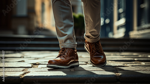 Men's shoes. Close-up of a man wearing brown shoes.