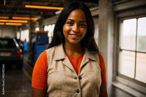 Portrait of the confident smiling female factory worker and industry warehouse background
