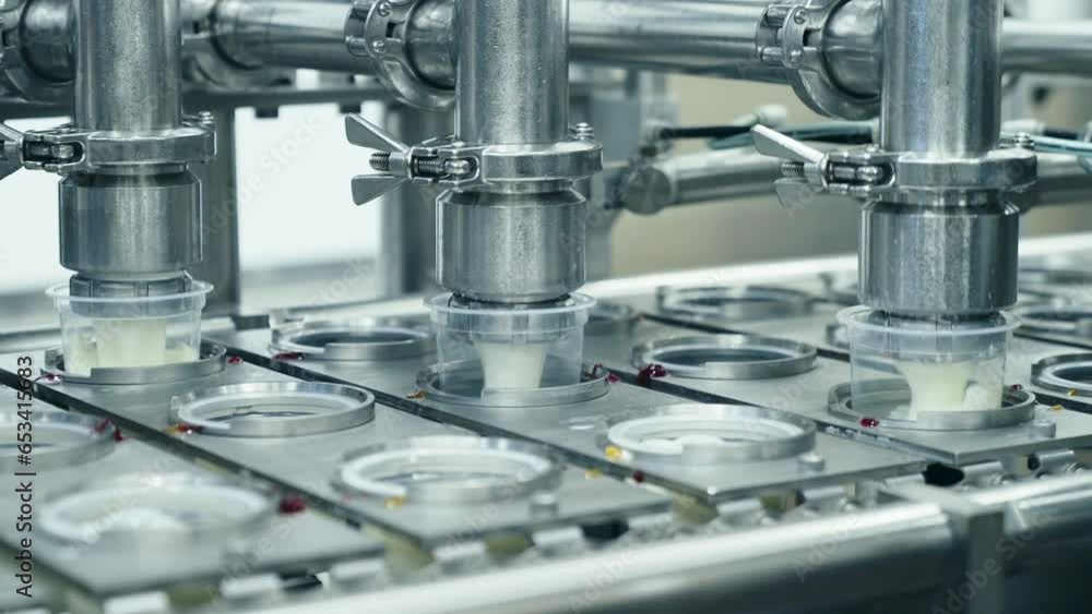 Automated machine is filling up the yogurt containers at the dairy facility. Industrial machine is used for filling the cups with the yogurt. Machine is pouring the yogurt to fill up the containers. Automated machine is filling up the yogurt containers at the dairy facility. Industrial machine is used for filling the cups with the yogurt. Machine is pouring the yogurt to fill up the containers.