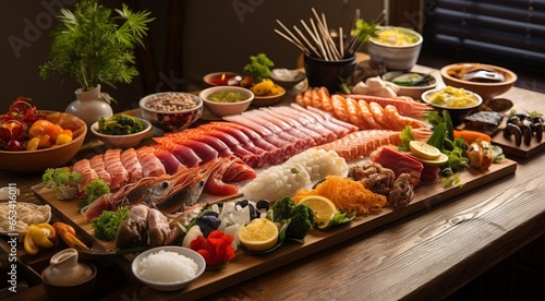 traditional thai food, grilled meat and vegetables, delicious seafood on the table, meat and seafood on table in kitchen