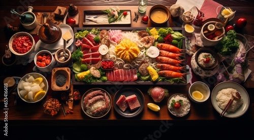 traditional thai food, grilled meat and vegetables, delicious seafood on the table, meat and seafood on table in kitchen