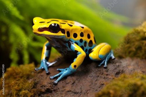 Closeup of colorful poison dart frog on stone in rainforest. Generative AI