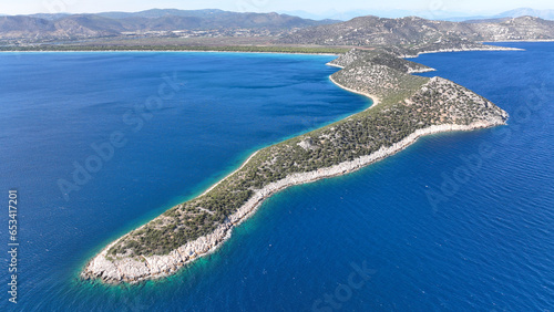 Aerial drone photo of Kinosoura long peninsula of land in paradise beach of Schoinias or Schinias, Marathon, Attica, Greece photo