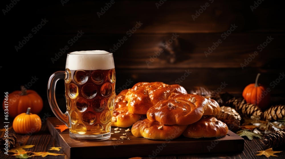 Oktoberfest celebration with beer and pretzels. Oktoberfest celebration with beer and pretzels.