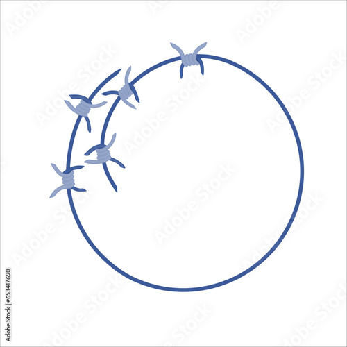 Barbed wire ring fence border illustration. Round frame with sharp thorns of barbwire barrier zone. Protection and security concept. Vector illustration.