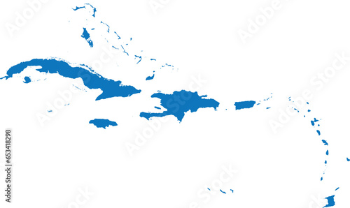 BLUE CMYK color detailed flat stencil map of the region of CARIBBEAN ISLANDS on transparent background