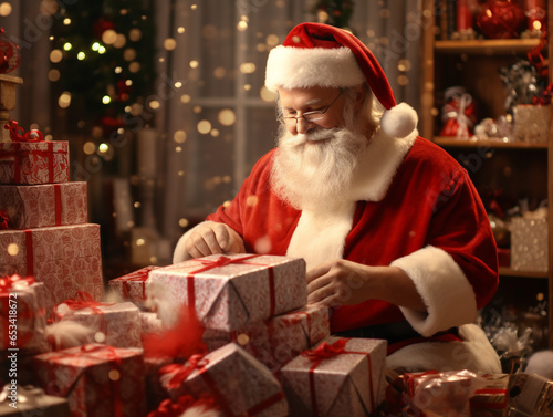 Santa Claus in glasses sits in his workshop and packs New Year's gifts with a smile against the backdrop of a decorated New Year's tree.