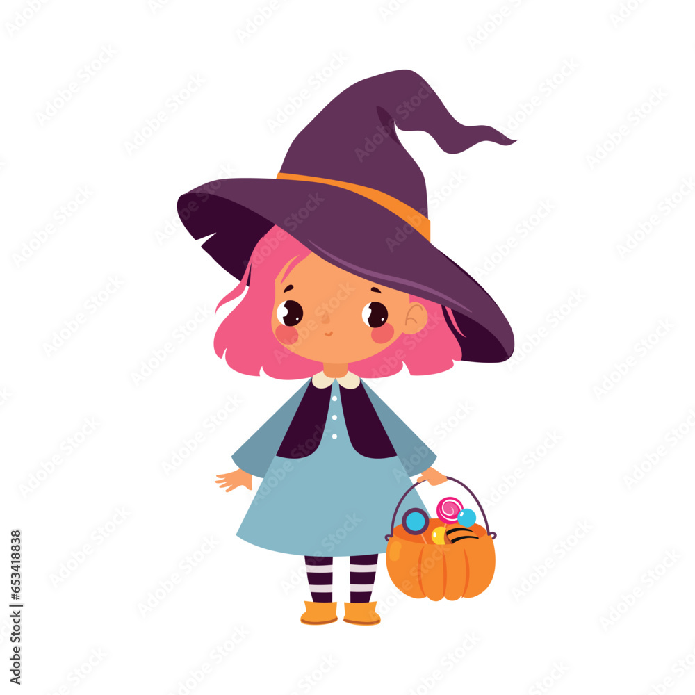 Happy Girl Character at Halloween Party Celebration in Witch Costume with Candy Basket Vector Illustration
