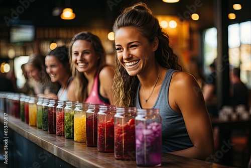 Athletes recover with detox juices after training., generative IA photo