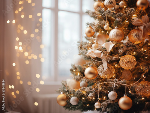 New Year's Christmas tree decorated with a garland of New Year's toys in gold tones.