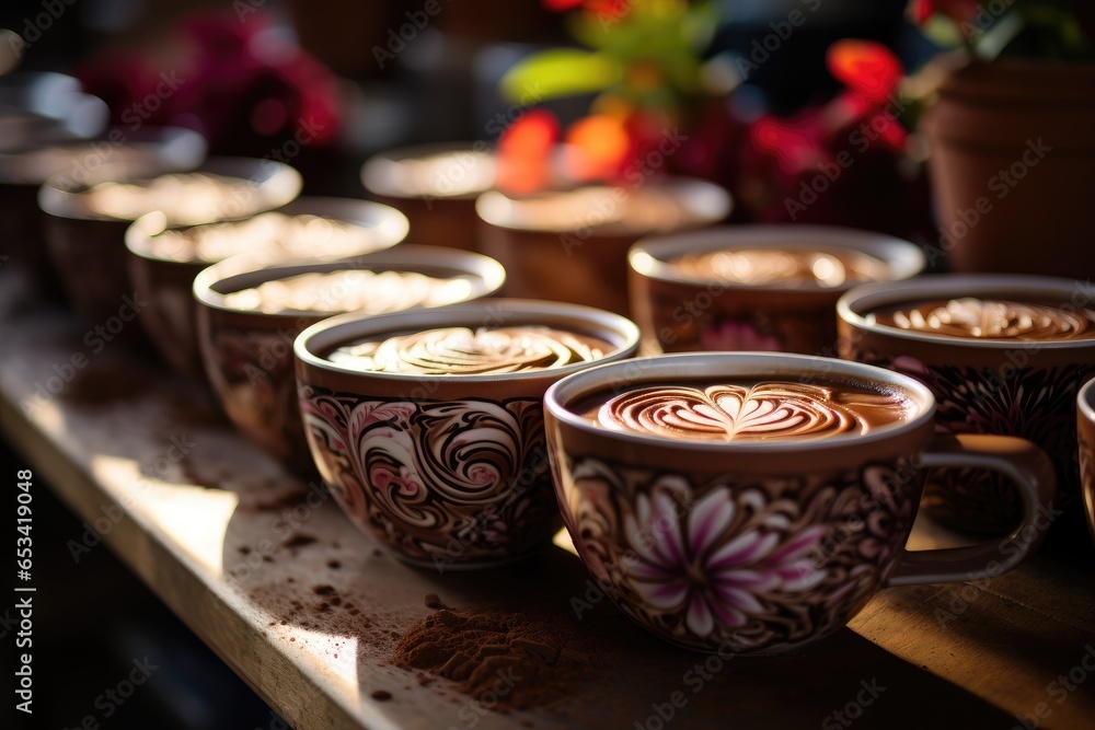 Several decorated cappuccinos are aligned with a gastronomic event., generative IA