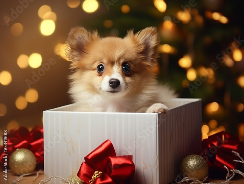 A small fluffy puppy peeks out of a New Year's gift box and looks at the camera against the backdrop of a Christmas tree and garland lights. We gave a dog for New Year or Christmas.