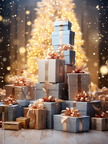 A large mountain of New Year's gifts stands in a bright room against the background of a New Year tree and garland lights. Golden Christmas gifts with bows under the Christmas tree.
