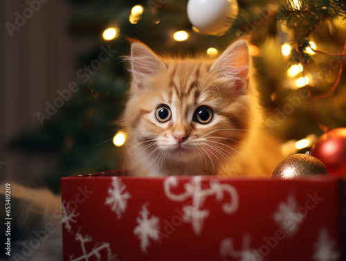 A small fluffy kitten looks out of a New Year's gift box and looks at the camera against the background of a Christmas tree and garlands. Gave a cat for New Year or Christmas.