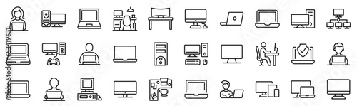 Set of 30 outline icons related to computer. Linear icon collection. Editable stroke. Vector illustration