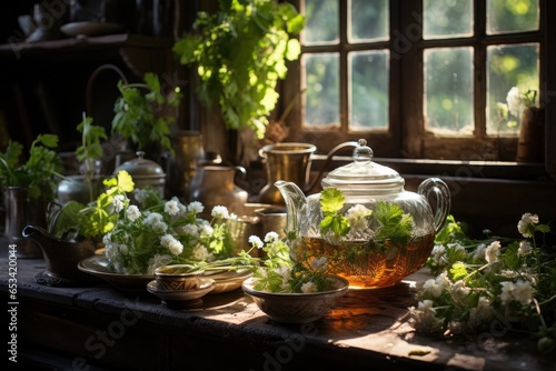 Tea Preparation  Fresh herbs exude aromas in cozy kitchen.  generative IA