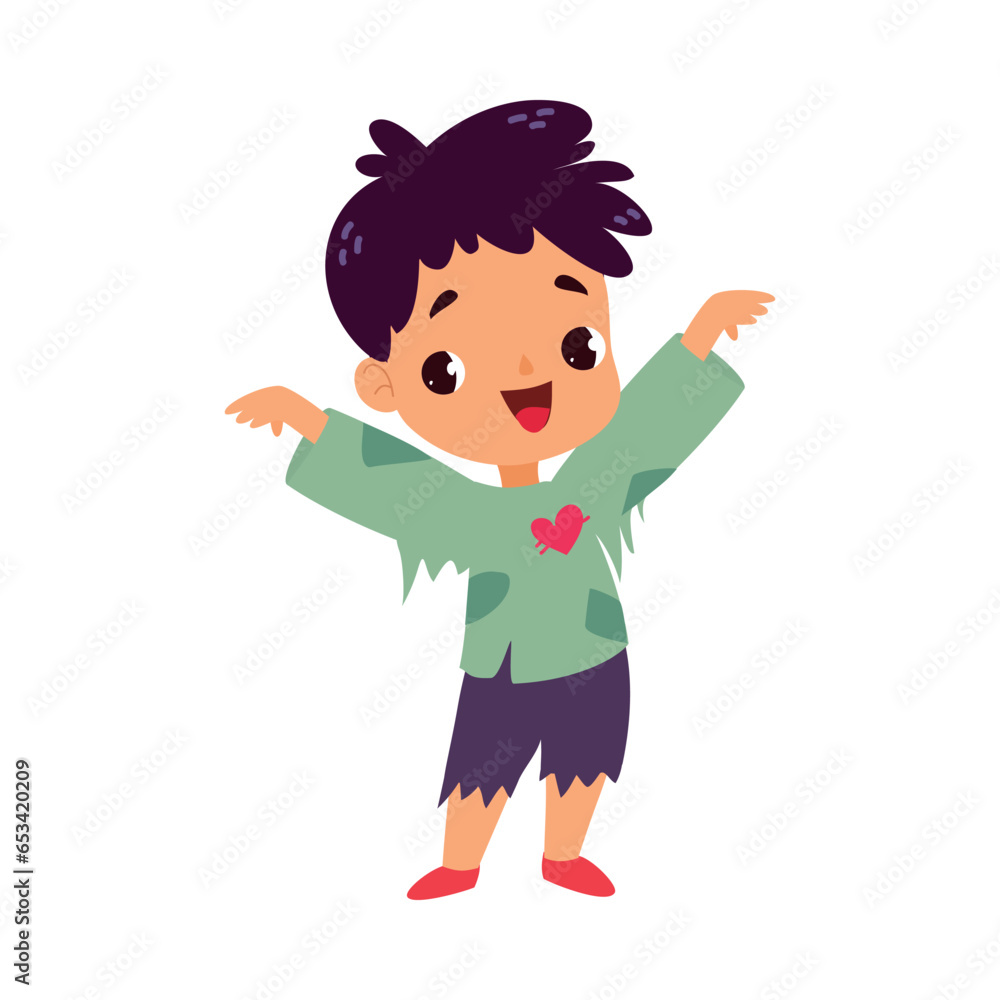 Happy Boy Character at Halloween Party Celebration in Rags Vector Illustration