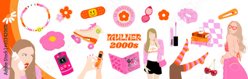 Groovy Mulher anos 2000, Y2K, retrô, vintage, nostalgia, vetor, ilustração, moderno, aesthetic, moda, patins, celular, meme, divertido, jovem, adolescente, rosa, good vibes, cool