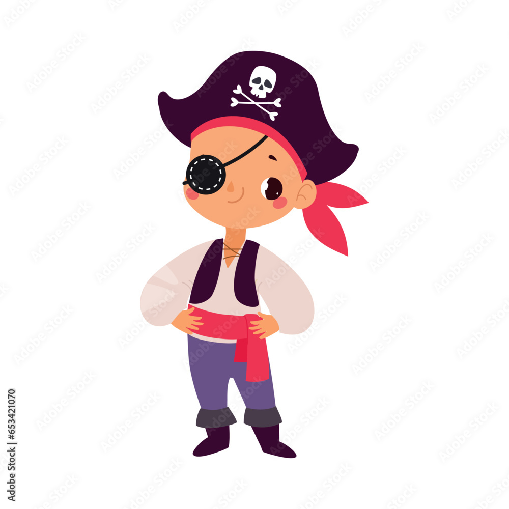Happy Boy Character at Halloween Party Celebration in Pirate Costume Vector Illustration