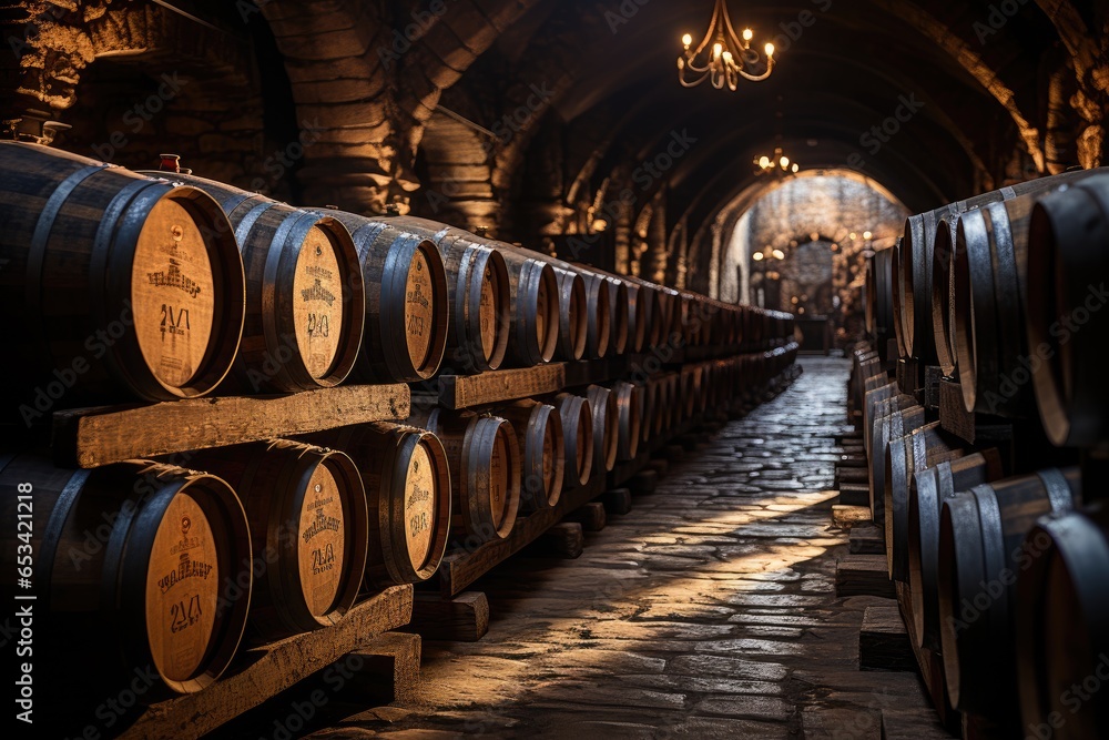 Barrels age in underground cellar, mysterious atmosphere., generative IA