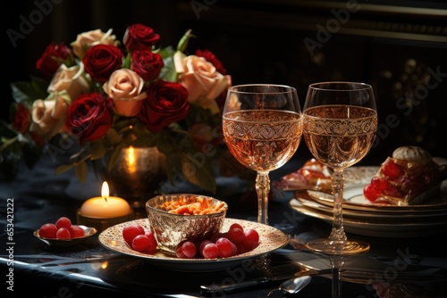 Romantic dinner in candlelight, shiny glasses., generative IA © Lindamar