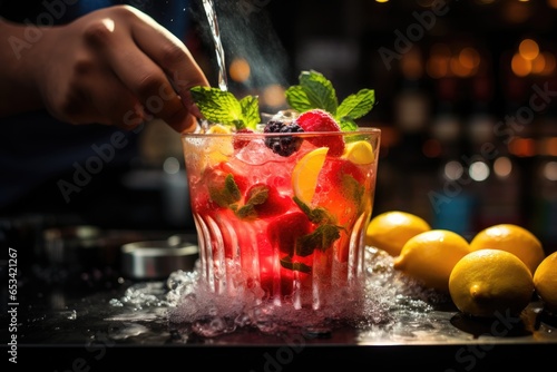 BARMAN prepares flavored waters with fresh fruits. Precise movements, bright colors., generative IA