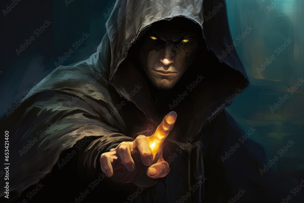 Dark and Vague Warlock Pointing Finger in Cyberspace - obrazy, fototapety, plakaty 