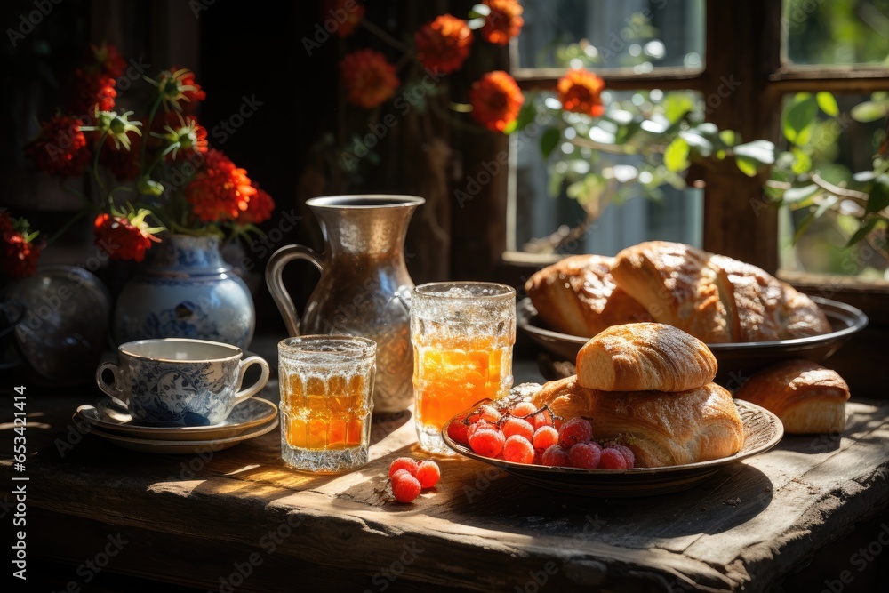 Outdoor morning: table full of fresh juices., generative IA Outdoor morning: table full of fresh juices., generative IA