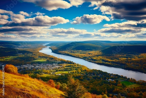 Fall Landscape: Aerial View of Beautiful Connecticut River Amidst Greenery and City in Mt Sugarloaf Overlook