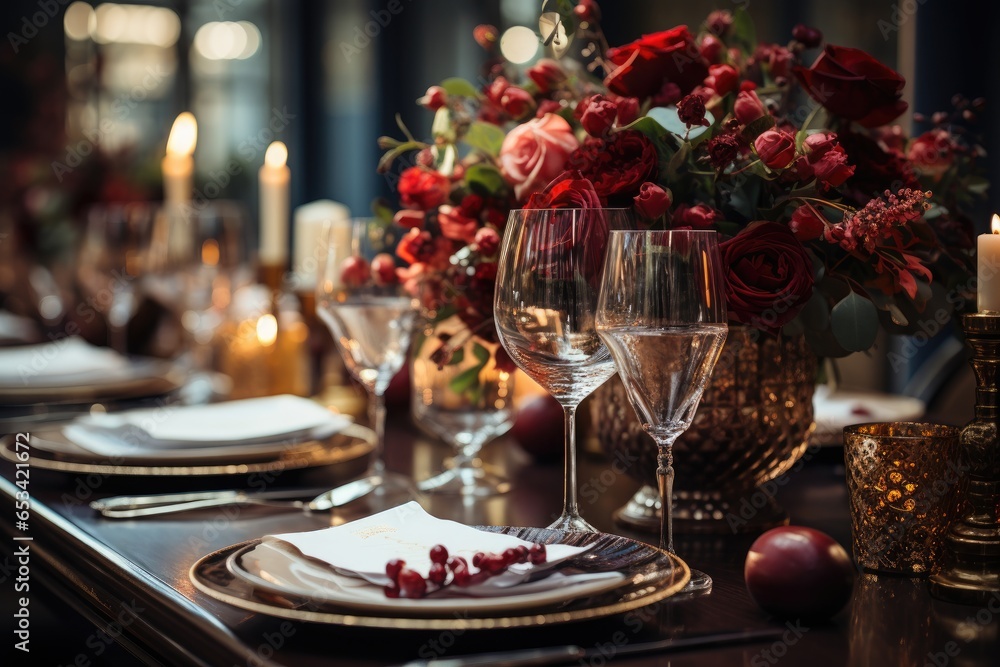 Elegant table with red wine cups and gourmet dishes., generative IA