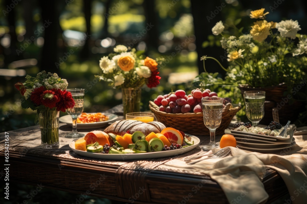 Joyful scene: Picnic with juices baskets in park., generative IA