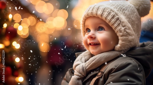 A beautiful child smiling on a lovely winter night as snow falls