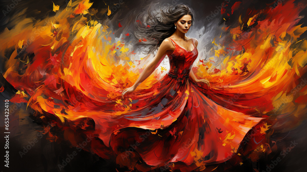Flamenco Spanish woman in a red dress, abstract painting - obrazy, fototapety, plakaty 