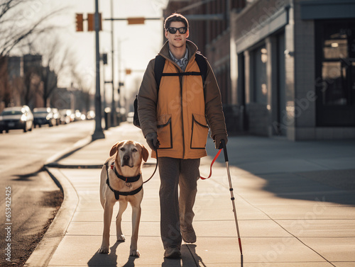 blind man with a guide dog walking in city, individual assistant and helpmate for blind people. photo