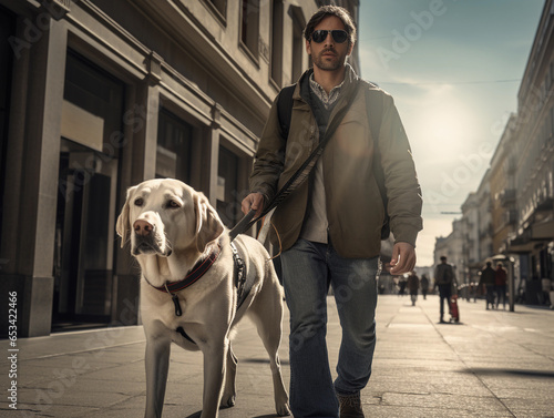 blind man with a guide dog walking in city, individual assistant and helpmate for blind people. photo