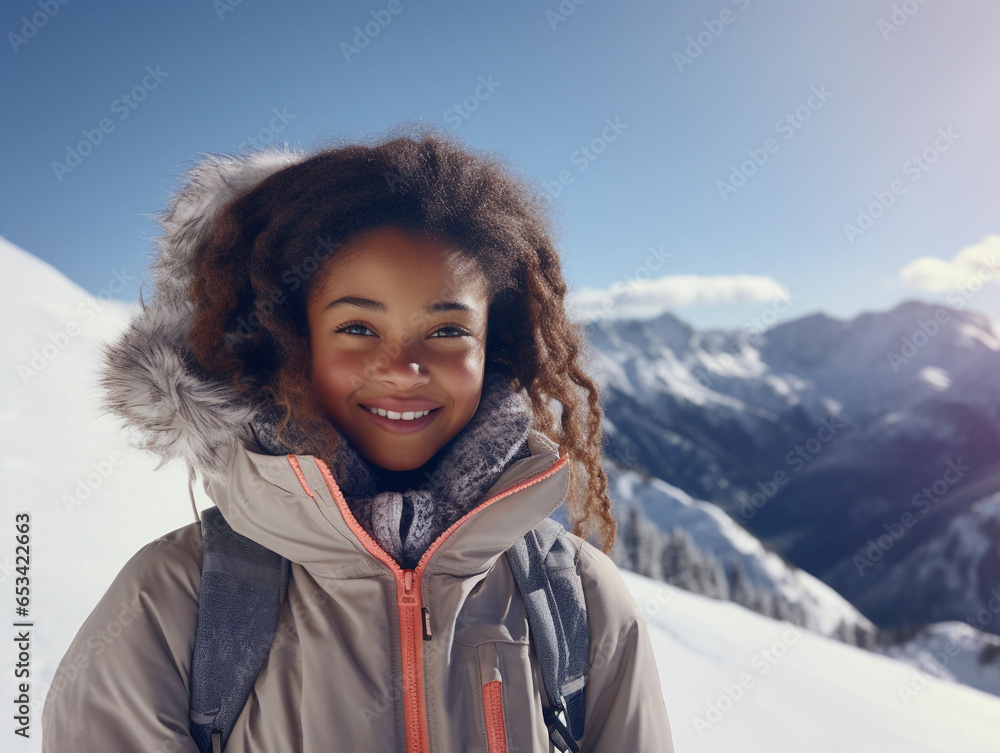 portrait of African American child smiling girl wearing winter clothes and standing at a snow resort with snowy mountains in the background. portrait of African American child smiling girl wearing winter clothes and standing at a snow resort with snowy mountains in the background.