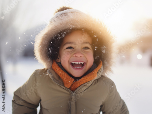 Happy child have fun outdoor in winter. Happy holidays, winter activities.