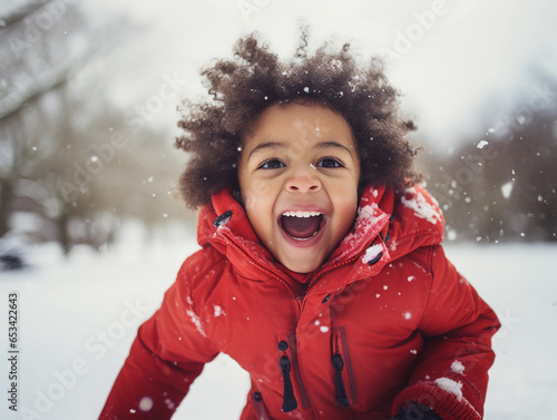 Happy child have fun outdoor in winter. Happy holidays, winter activities.