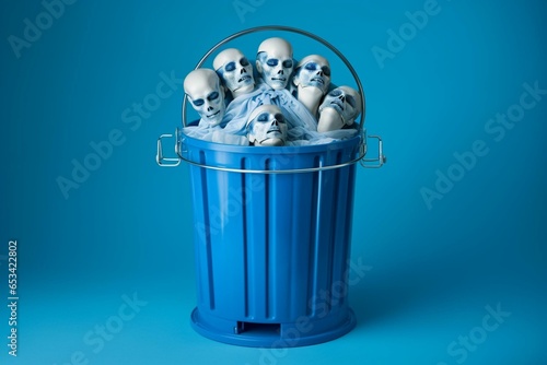 Disposing used PPE in medical waste bin with blue background. Flatlay. Generative AI photo