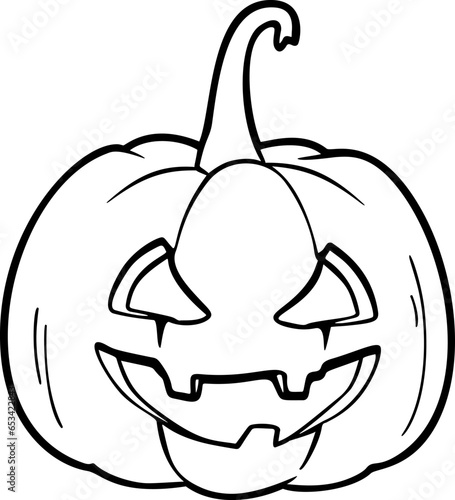 Stylized ink drawing of Halloween pumpkin with a carved out scary smiling face. Vector illustration.