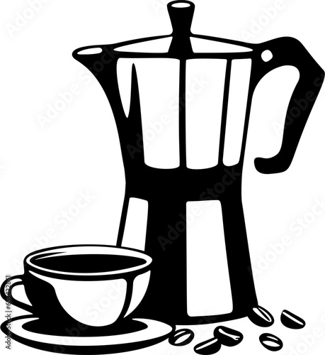 Stylized moka coffee pot with cup of coffee and roasted beans isolated on white background. Vector illustration.	