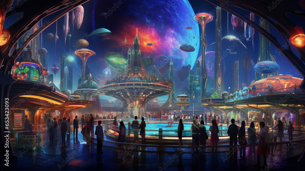  bustling, intergalactic market, distant alien world, colorful, exotic alien species, futuristic technologies, array, peculiar goods, traded.