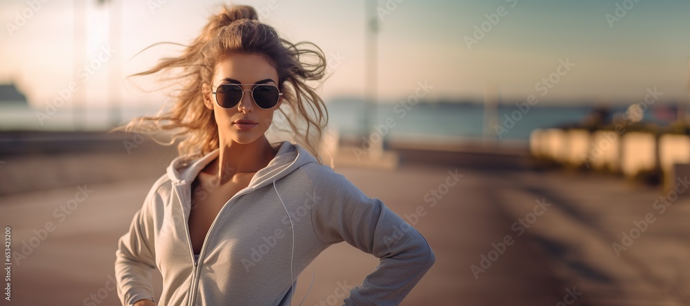 woman going for a walk in the morning, young lady doing exercise with fashion outfit