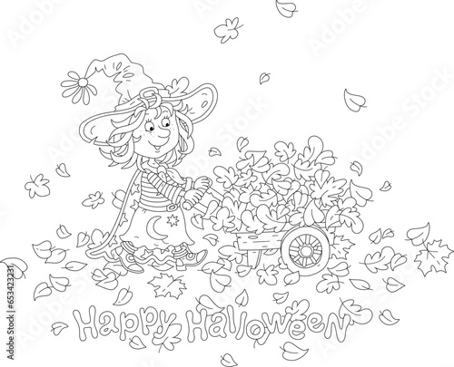 Happy little witch wheeling her wooden cart full of fallen leaves from an autumn garden, black and white vector cartoon illustration