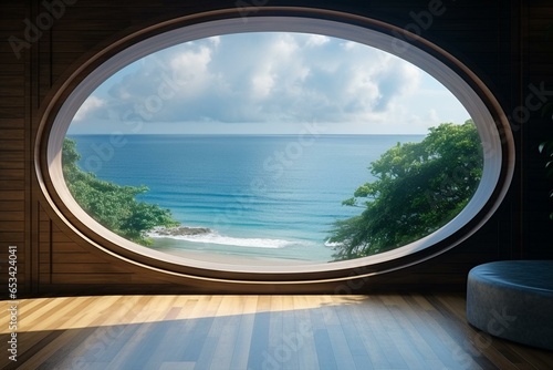 Gorgeous ocean view from balcony with large circular window in a house or hotel's living room. Generative AI